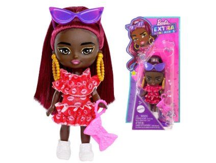 Panenka Barbie Extra Mini Černoška s bordo vlasy